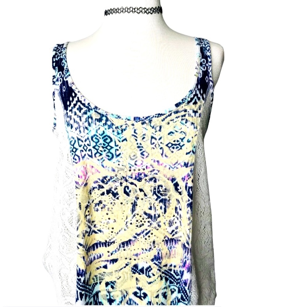 Daytrip tribal crochet panel racerback tank top navy Medium